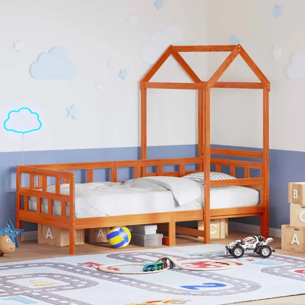 Gossi pat de zi cu acoperis maro ceruit 80x200cm lemn masiv pin