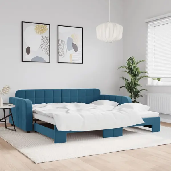 Gossi pat de zi cu extensie, albastru, 100x200 cm, catifea
