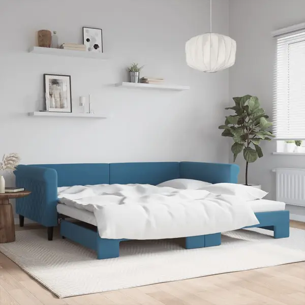 Gossi pat de zi cu extensie, albastru, 100x200 cm, catifea