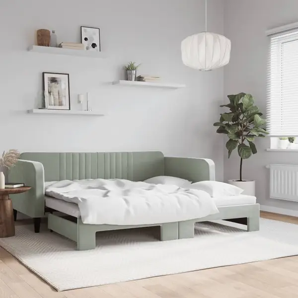 Gossi pat de zi cu extensie, gri deschis, 90x190 cm, catifea