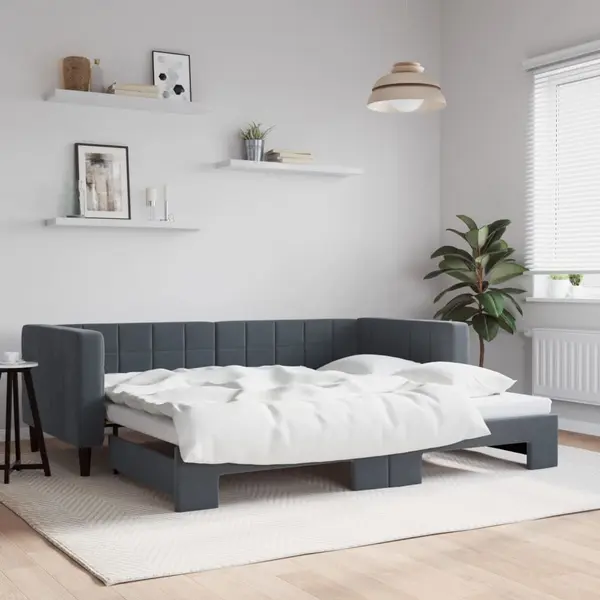 Gossi pat de zi cu extensie, gri inchis, 90x200 cm, catifea
