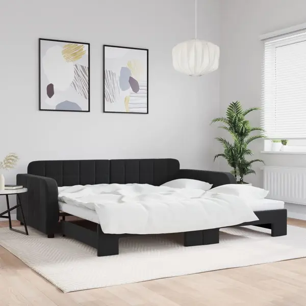 Gossi pat de zi cu extensie, negru, 100x200 cm, catifea