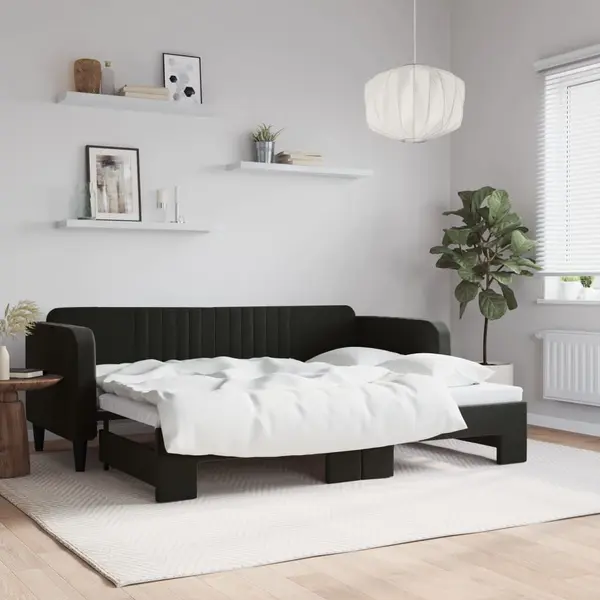 Gossi pat de zi cu extensie, negru, 80x200 cm, catifea