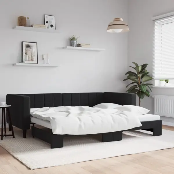 Gossi pat de zi cu extensie, negru, 90x190 cm, catifea