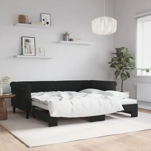 Gossi pat de zi cu extensie, negru, 90x190 cm, catifea