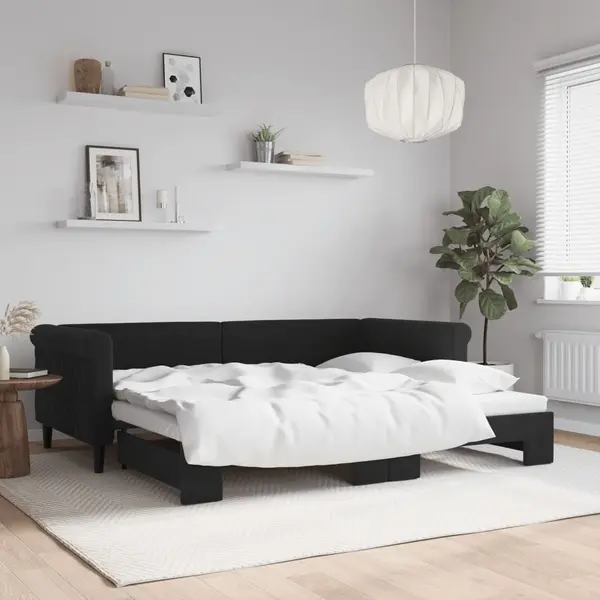 Gossi pat de zi cu extensie, negru, 90x200 cm, catifea