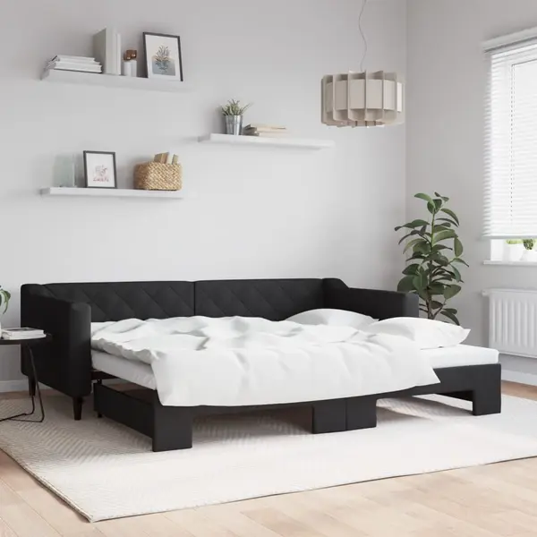 Gossi pat de zi cu extensie, negru, 90x200 cm, textil