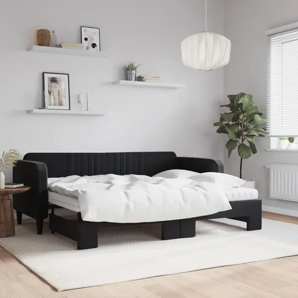 Gossi pat de zi cu extensie si saltea, negru, 80x200 cm, catifea