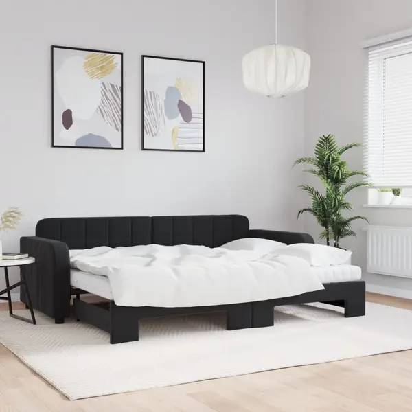 Gossi pat de zi cu extensie si saltea, negru, 80x200 cm, catifea