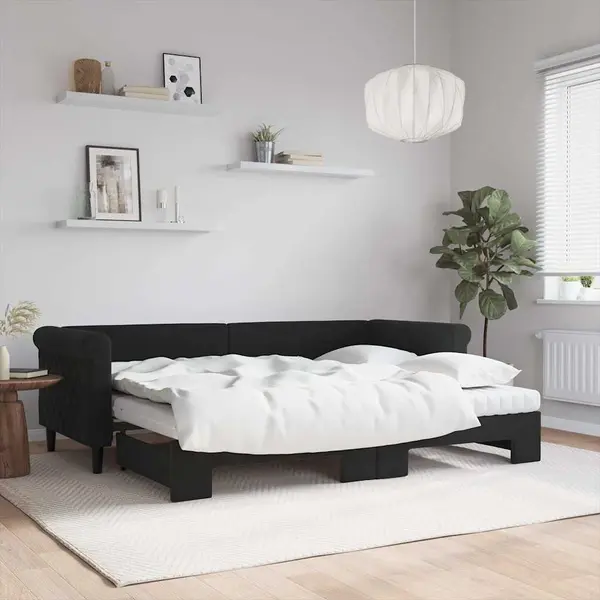 Gossi pat de zi cu extensie si saltea, negru, 80x200 cm, catifea