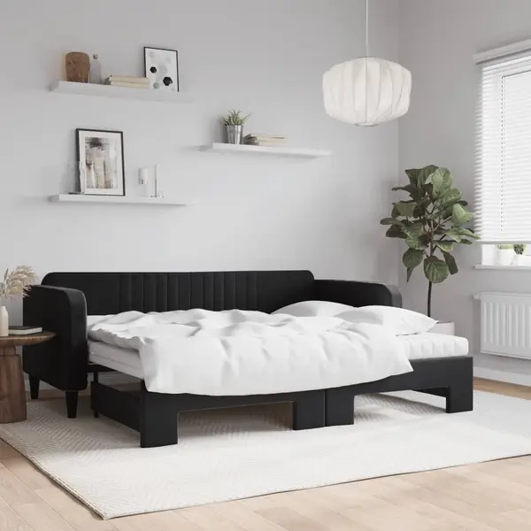 Gossi pat de zi cu extensie si saltea, negru, 90x200 cm, catifea