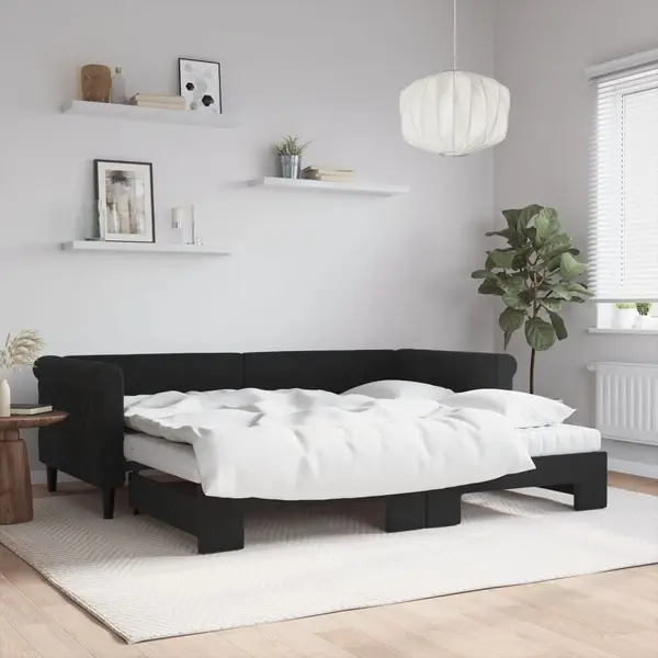 Gossi pat de zi cu extensie si saltea, negru, 90x200 cm, catifea