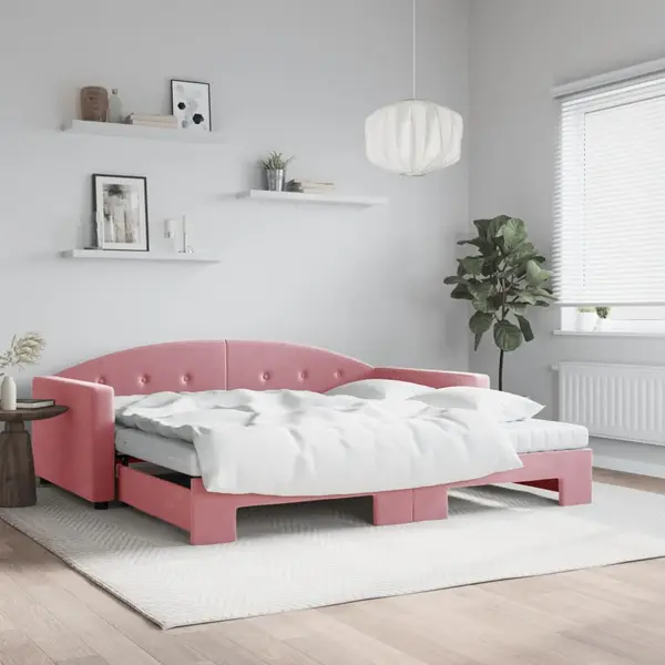 Gossi pat de zi cu extensie si saltea, roz, 100x200 cm, catifea