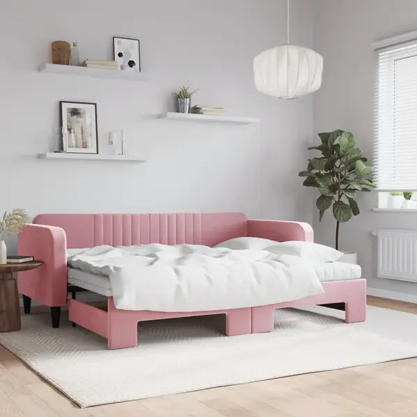 Gossi pat de zi cu extensie si saltea, roz, 80x200 cm, catifea