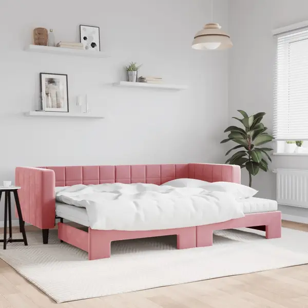 Gossi pat de zi cu extensie si saltea, roz, 80x200 cm, catifea