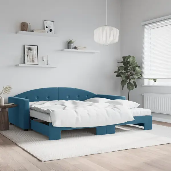 Gossi pat de zi cu extensie si saltele, albastru, 100x200 cm, catifea
