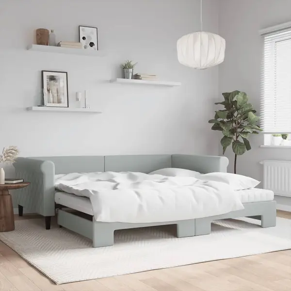 Gossi pat de zi cu extensie si saltele gri deschis 100x200 cm catifea