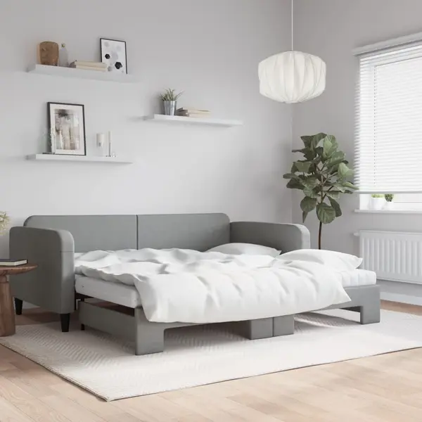 Gossi pat de zi cu extensie si saltele, gri deschis 100x200 cm textil