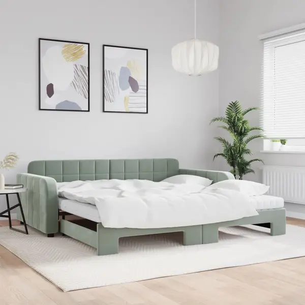 Gossi pat de zi cu extensie si saltele gri deschis 100x200 cm catifea