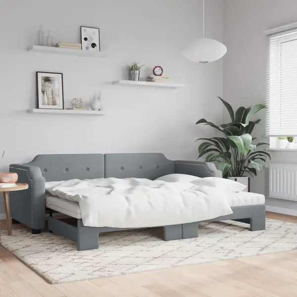 Gossi pat de zi cu extensie si saltele, gri deschis 100x200 cm textil