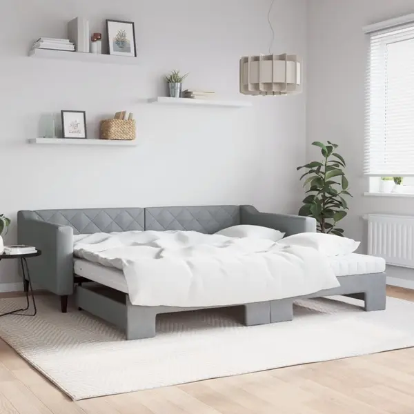 Gossi pat de zi cu extensie si saltele, gri deschis 100x200 cm textil