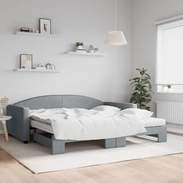 Gossi pat de zi cu extensie si saltele, gri deschis 100x200 cm textil