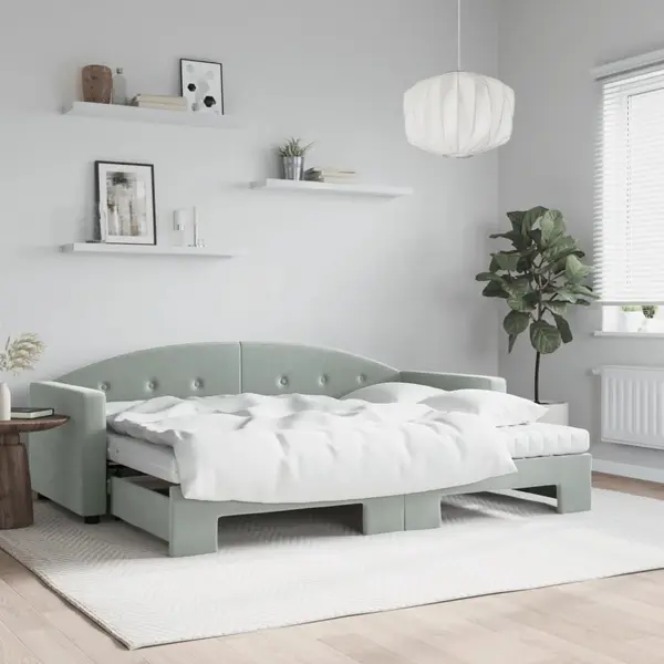 Gossi pat de zi cu extensie si saltele, gri deschis 80x200 cm catifea