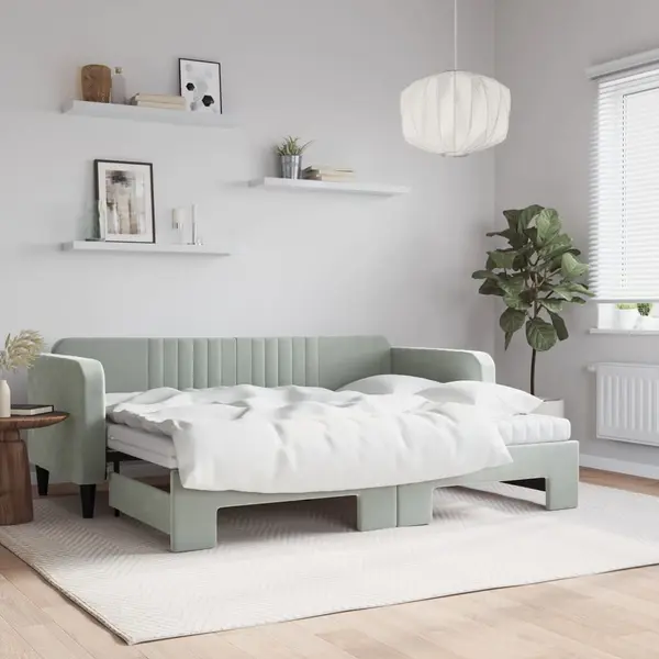 Gossi pat de zi cu extensie si saltele, gri deschis 80x200 cm catifea