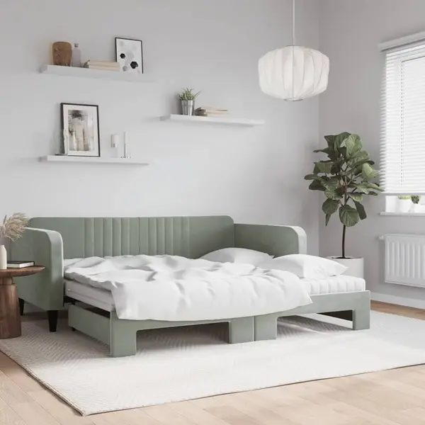 Gossi pat de zi cu extensie si saltele, gri deschis 90x190 cm catifea