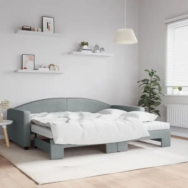 Gossi pat de zi cu extensie si saltele, gri deschis 90x200 cm textil
