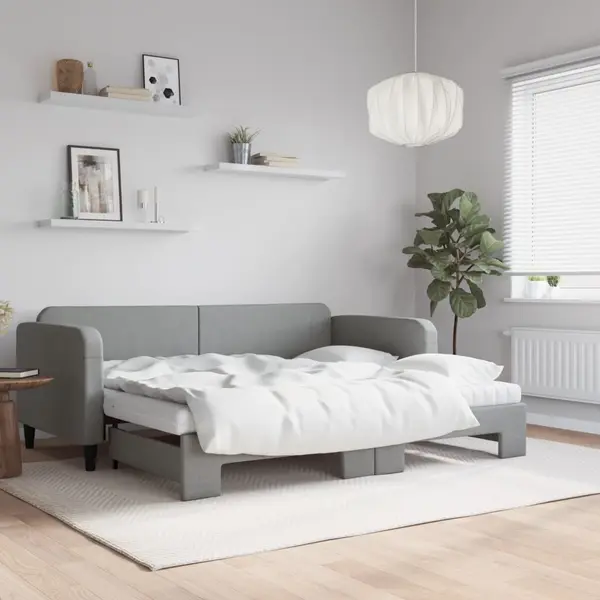 Gossi pat de zi cu extensie si saltele, gri deschis 90x200 cm textil