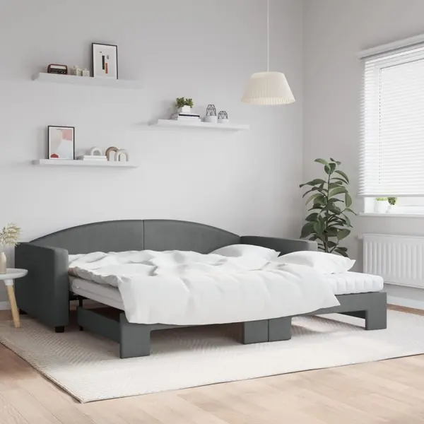 Gossi pat de zi cu extensie si saltele, gri inchis, 100x200 cm textil