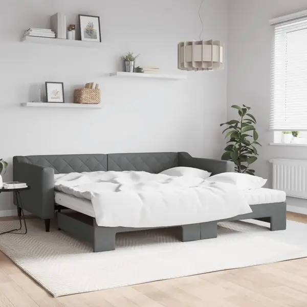 Gossi pat de zi cu extensie si saltele, gri inchis, 100x200 cm textil