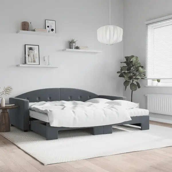 Gossi pat de zi cu extensie si saltele, gri inchis, 90x190 cm catifea