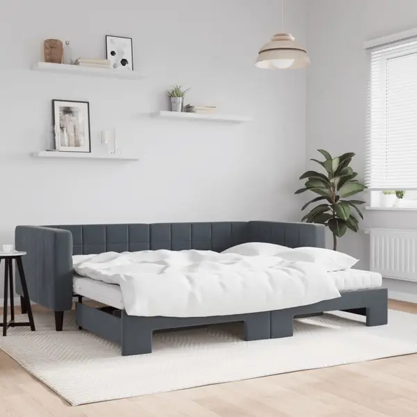 Gossi pat de zi cu extensie si saltele, gri inchis, 90x190 cm catifea