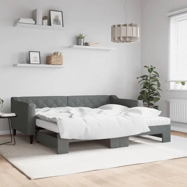 Gossi pat de zi cu extensie si saltele, gri inchis, 90x190 cm, textil