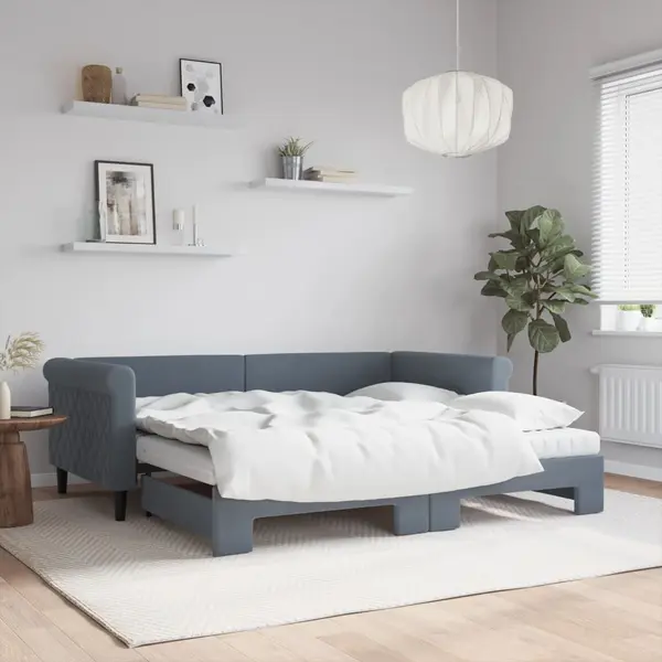 Gossi pat de zi cu extensie si saltele, gri inchis, 90x190 cm catifea
