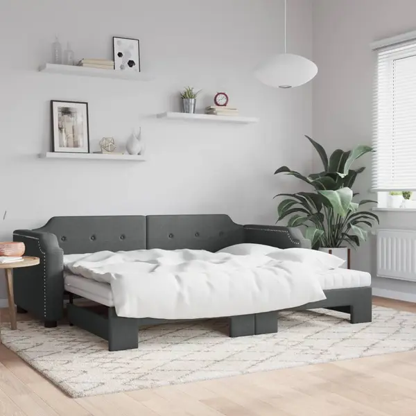 Gossi pat de zi cu extensie si saltele, gri inchis, 90x190 cm, textil