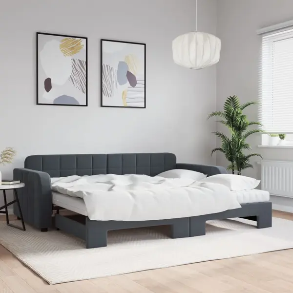 Gossi pat de zi cu extensie si saltele, gri inchis 90x200 cm catifea