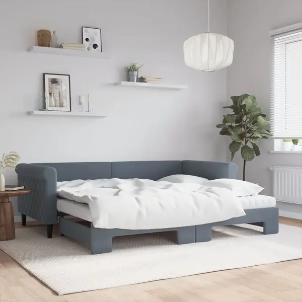 Gossi pat de zi cu extensie si saltele, gri inchis 90x200 cm catifea