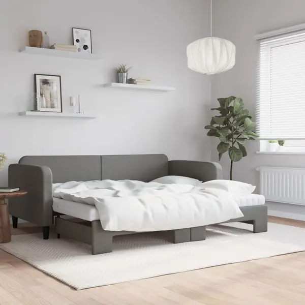 Gossi pat de zi cu extensie si saltele, gri inchis, 90x200 cm, textil