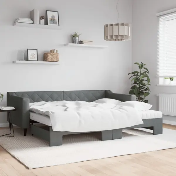 Gossi pat de zi cu extensie si saltele, gri inchis, 90x200 cm, textil