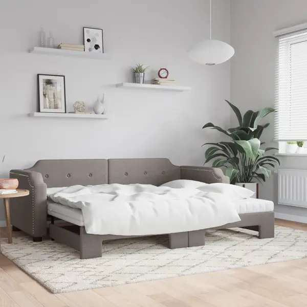 Gossi pat de zi cu extensie si saltele, gri taupe, 90x200 cm, textil