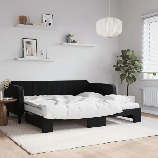 Gossi pat de zi cu extensie si saltele, negru, 100x200 cm, catifea