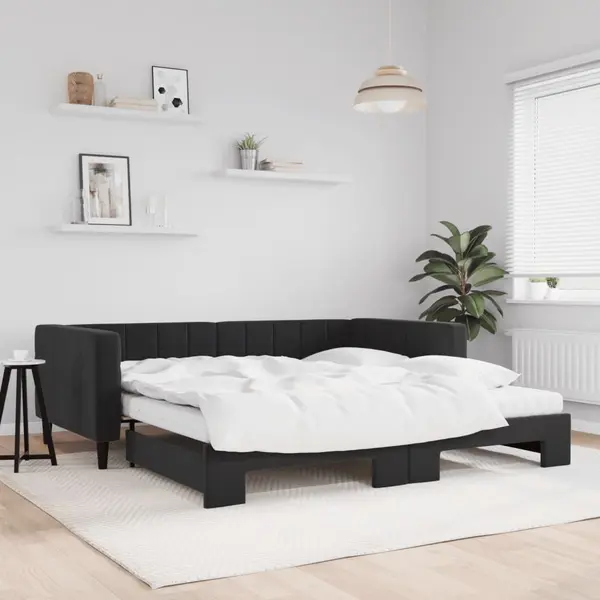 Gossi pat de zi cu extensie si saltele, negru, 100x200 cm, catifea