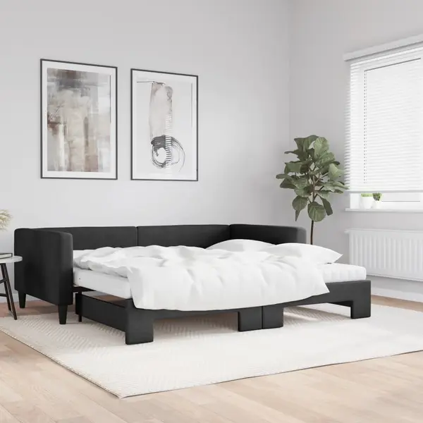 Gossi pat de zi cu extensie si saltele, negru, 100x200 cm, textil
