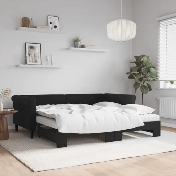 Gossi pat de zi cu extensie si saltele, negru, 90x190 cm, catifea
