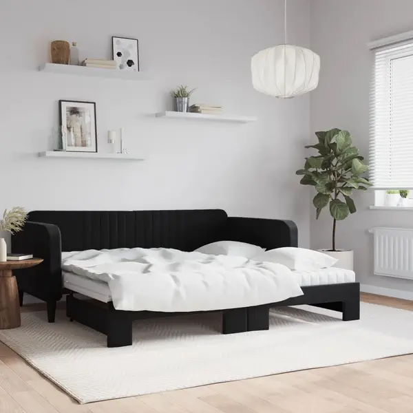 Gossi pat de zi cu extensie si saltele, negru, 90x190 cm, catifea