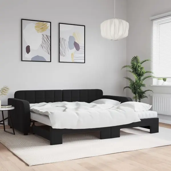Gossi pat de zi cu extensie si saltele, negru, 90x190 cm, catifea