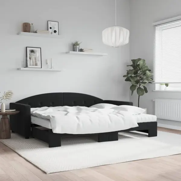 Gossi pat de zi cu extensie si saltele, negru, 90x190 cm, catifea